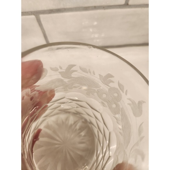 Antique Cut Diamond Floral Etch Glass Pickle Marmalade Jar w/ Pheasant Finial - Picture 6 of 11